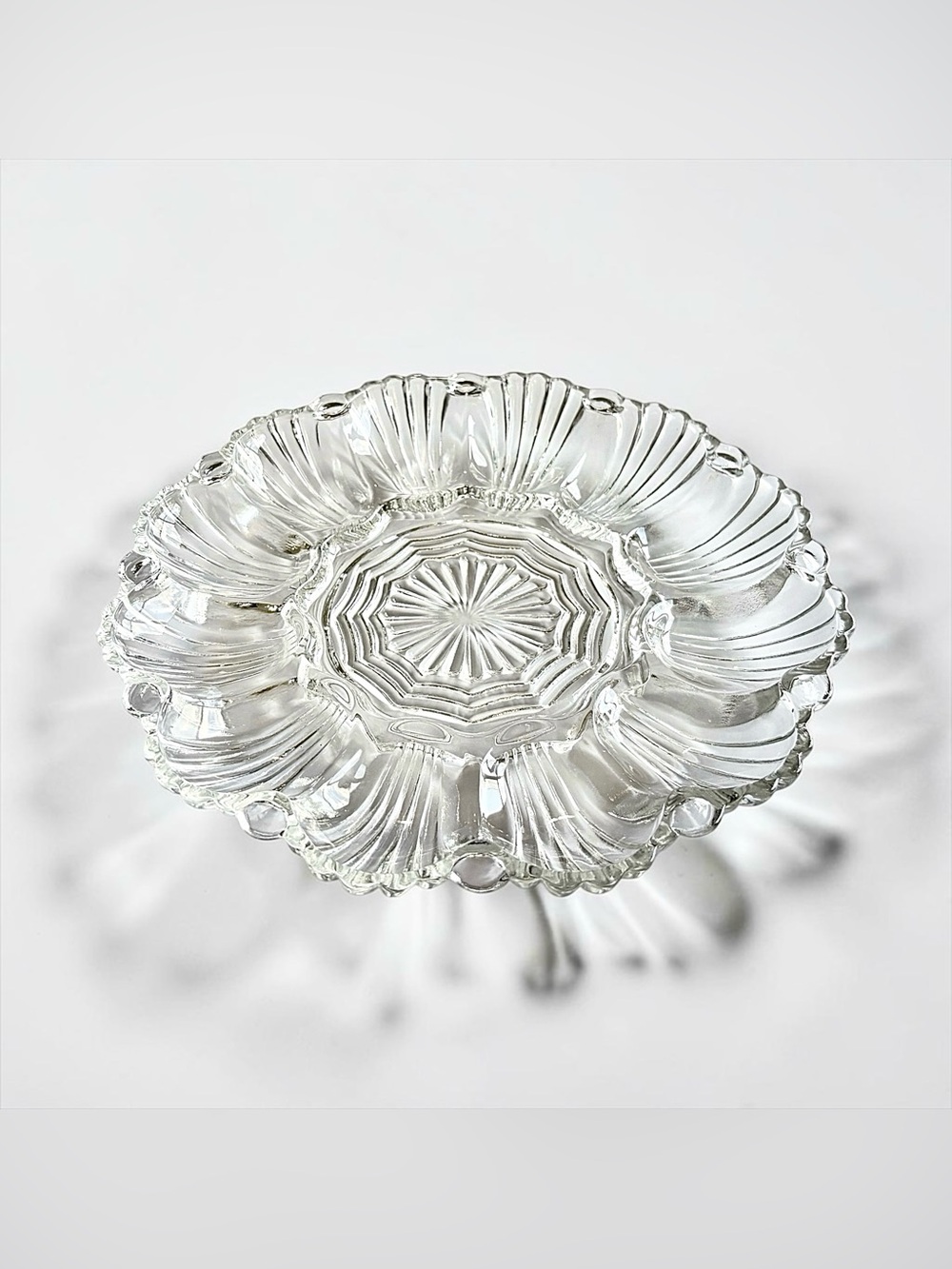 Vintage Anchor Hocking Clear Glass Deviled Egg Oyster Platter Shell Relish Tray